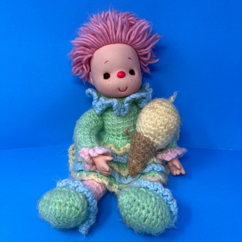 Handmade Crochet Ice Cream Doll 15 Green Pink Vintage 80s Lollipop‎ Lane Style